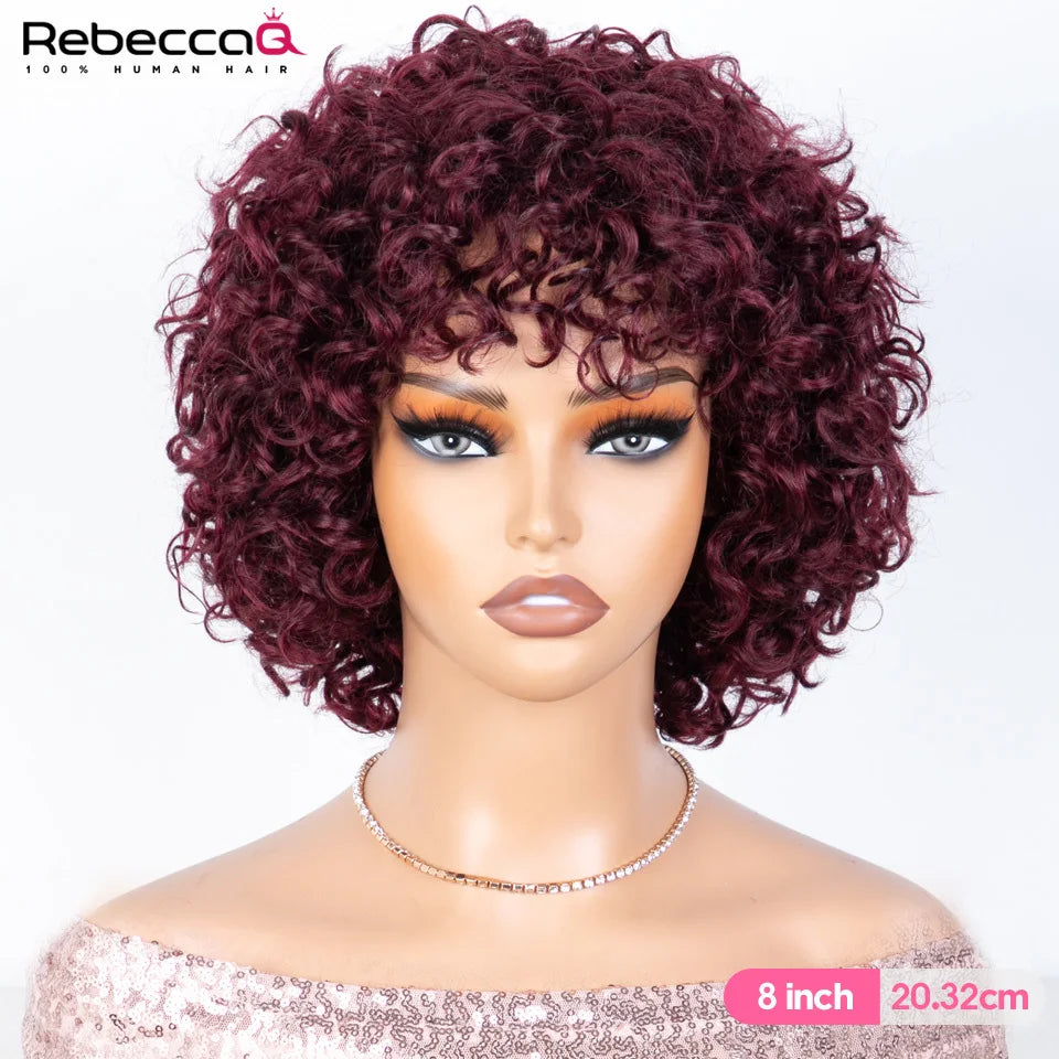 Short Kinky Curly Wig With Bangs And Mixed Highlights For Women