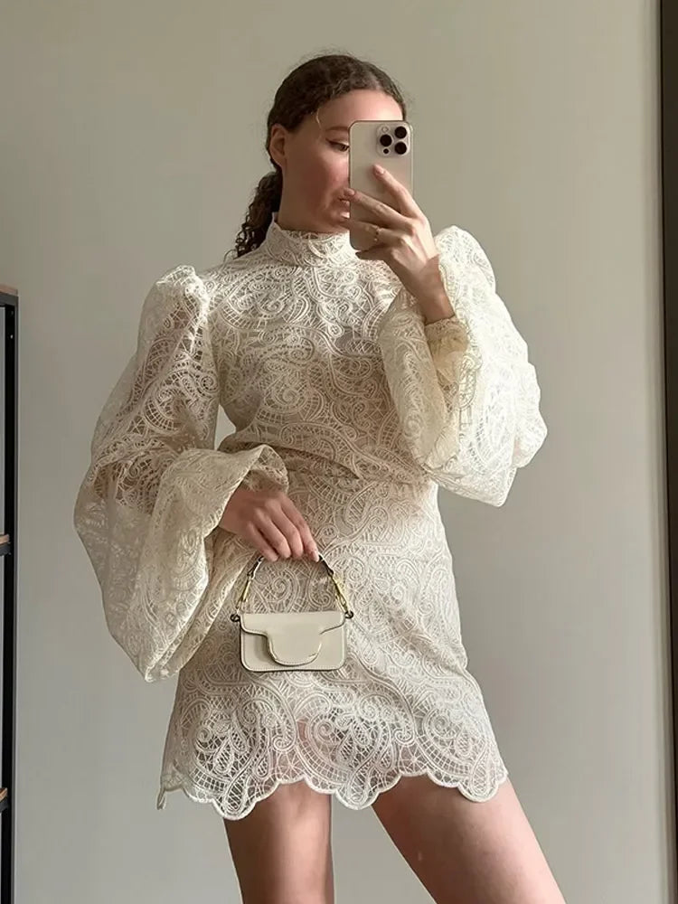 Lady Elegant Hollow Out Lace Short Dresses Trendy Long Sleeve High Neck Mini Vestidos 2025 New Chic Autumn Night Club Gown