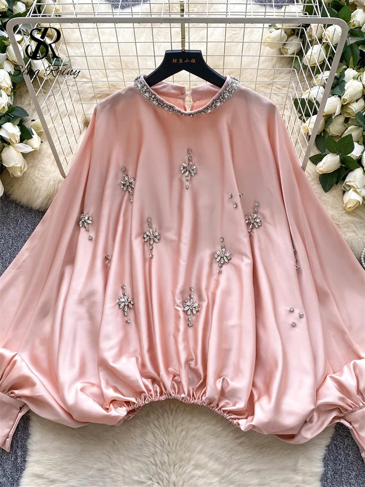 Elegant Beaded Satin Batwing Sleeve Blouse for Women