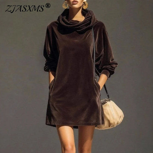 Autumn Winter Solid Velvet Pullovers Dress Woman Fashion Pile Collar Straight Mini Dress Vintage Long Sleeve Pocket A-Line Dress