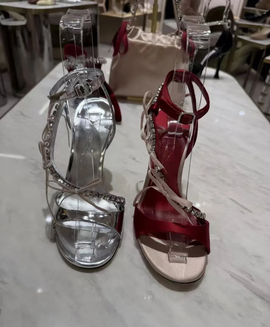 Red Satin Rhinestone Strappy Heels