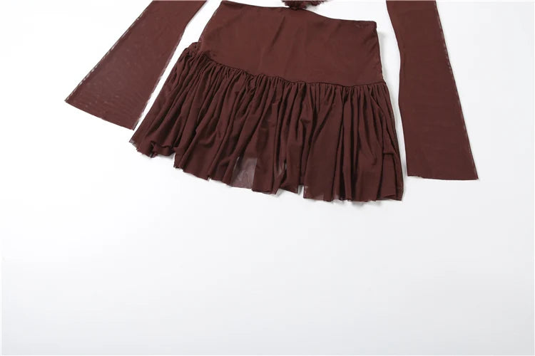 Nibber Waistless Patchwork Mesh Dress Woman o-Neck Full Sleeve Ruffle Hollow Design Midnight Club Party Sexy Fashion Bodycon