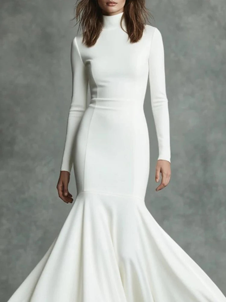 Casual Long Sleeve Women's Long Dresses Fashion Turtleneck Solid Fishtail Dress Elegant Hight Waist Pleated Slim Fit Party Dress