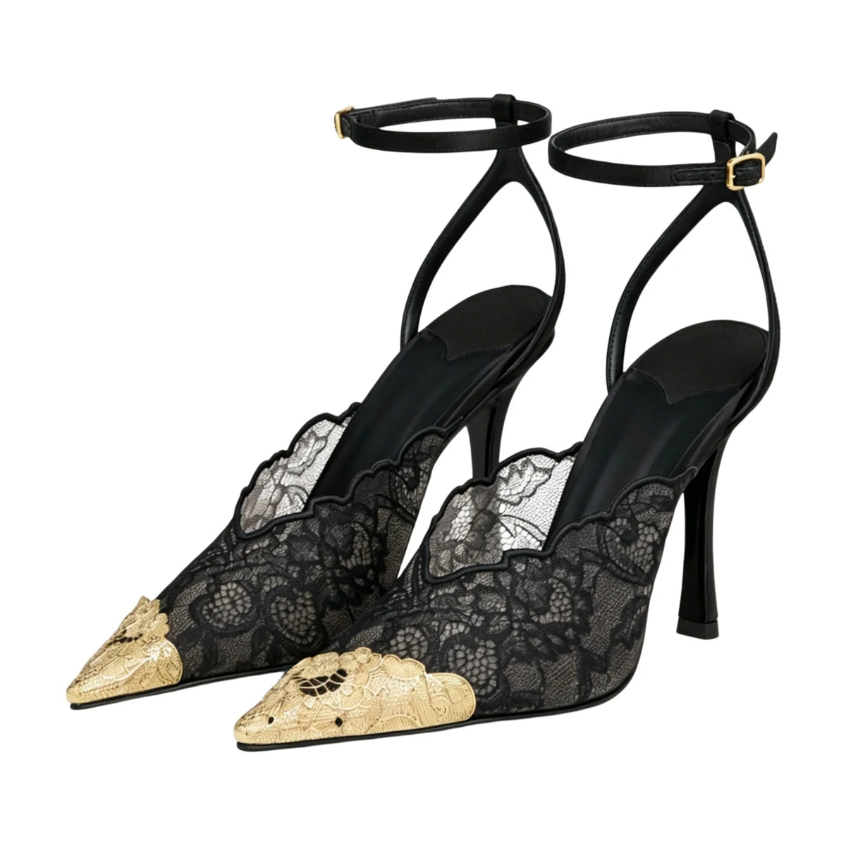Lace Gold Embroidered Slingback Stiletto Heels for Women