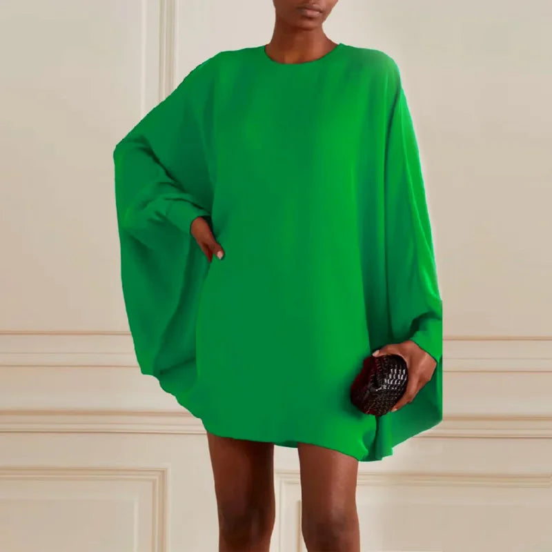 UOOZEE Women Fashion Simple Solid Color Round-Neck Mini Dresses 2025 New Spring Summer Batwing Sleeves Casual Short Dress