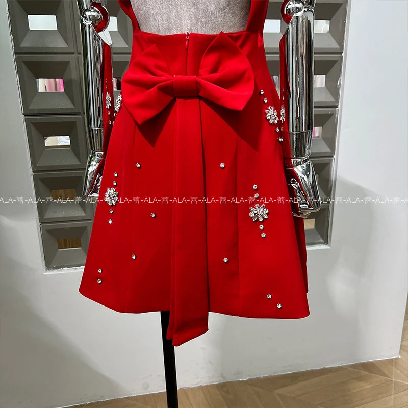High-end Light Luxury Party Dress 2025 Summer Clothes New Heavy Industry Diamond Square Collar Waist Halter Bow Short Dress