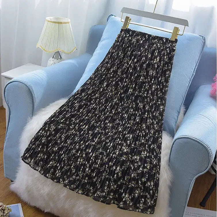 Floral High Waisted Chiffon Pleated Midi Skirt for Women