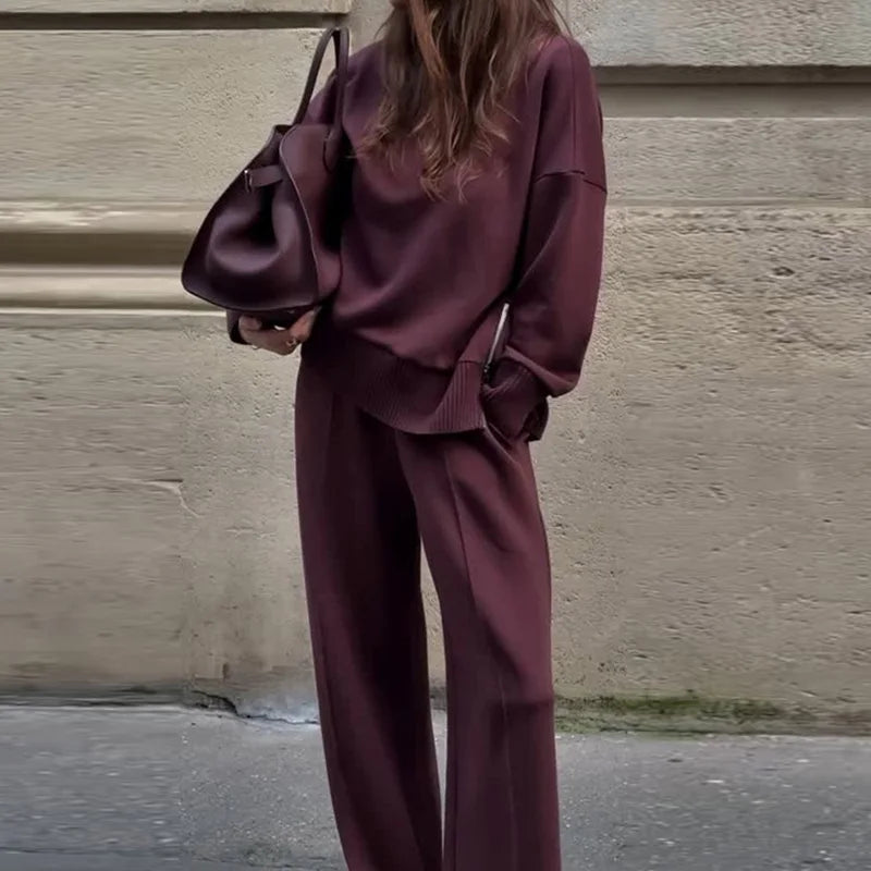 Half High Collar Pullover and Wide Leg Pants Set for Women