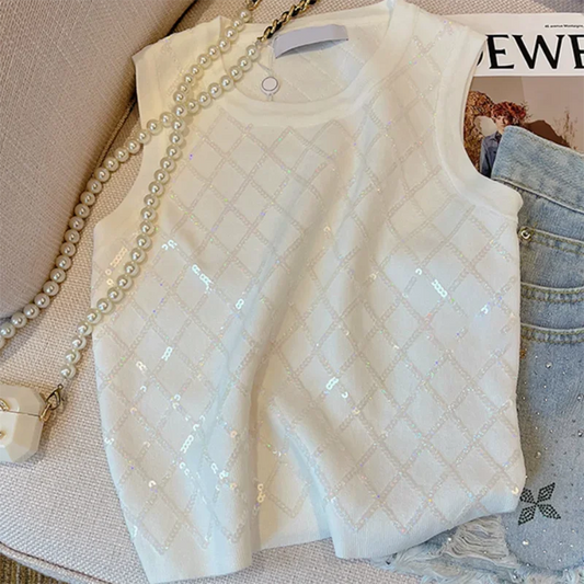 French round neck sequined halter top vest women's summer new fashion temperament white short joker casual sleeveless top.