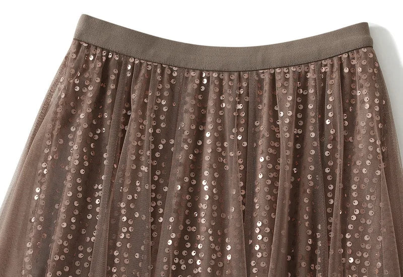 Sparkling Mesh A-Line Pleated Knee-Length Skirt for Women