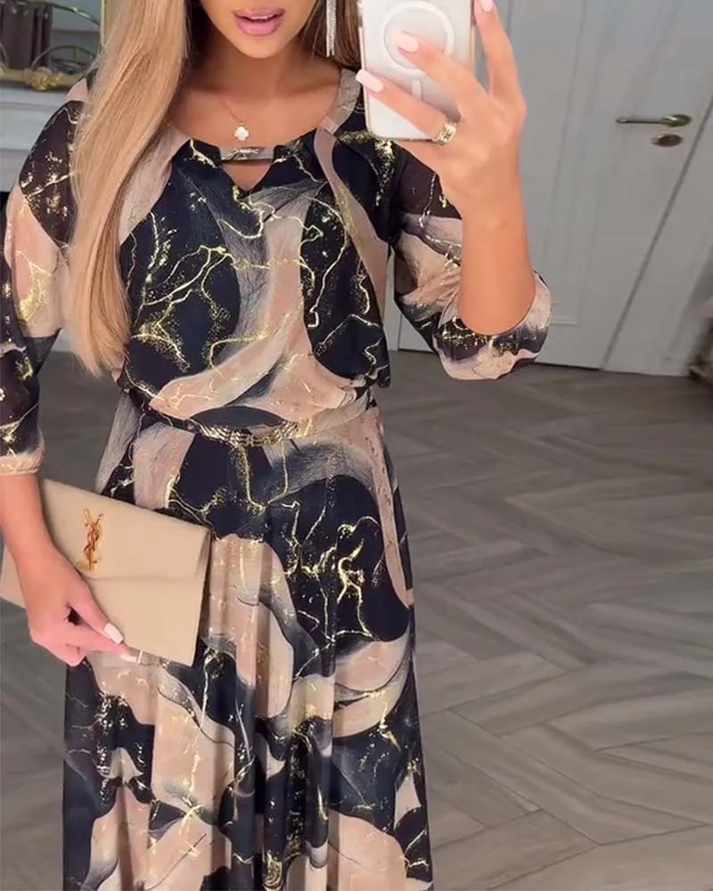 Elegant Cinched Waist Printed Long Dress for Women