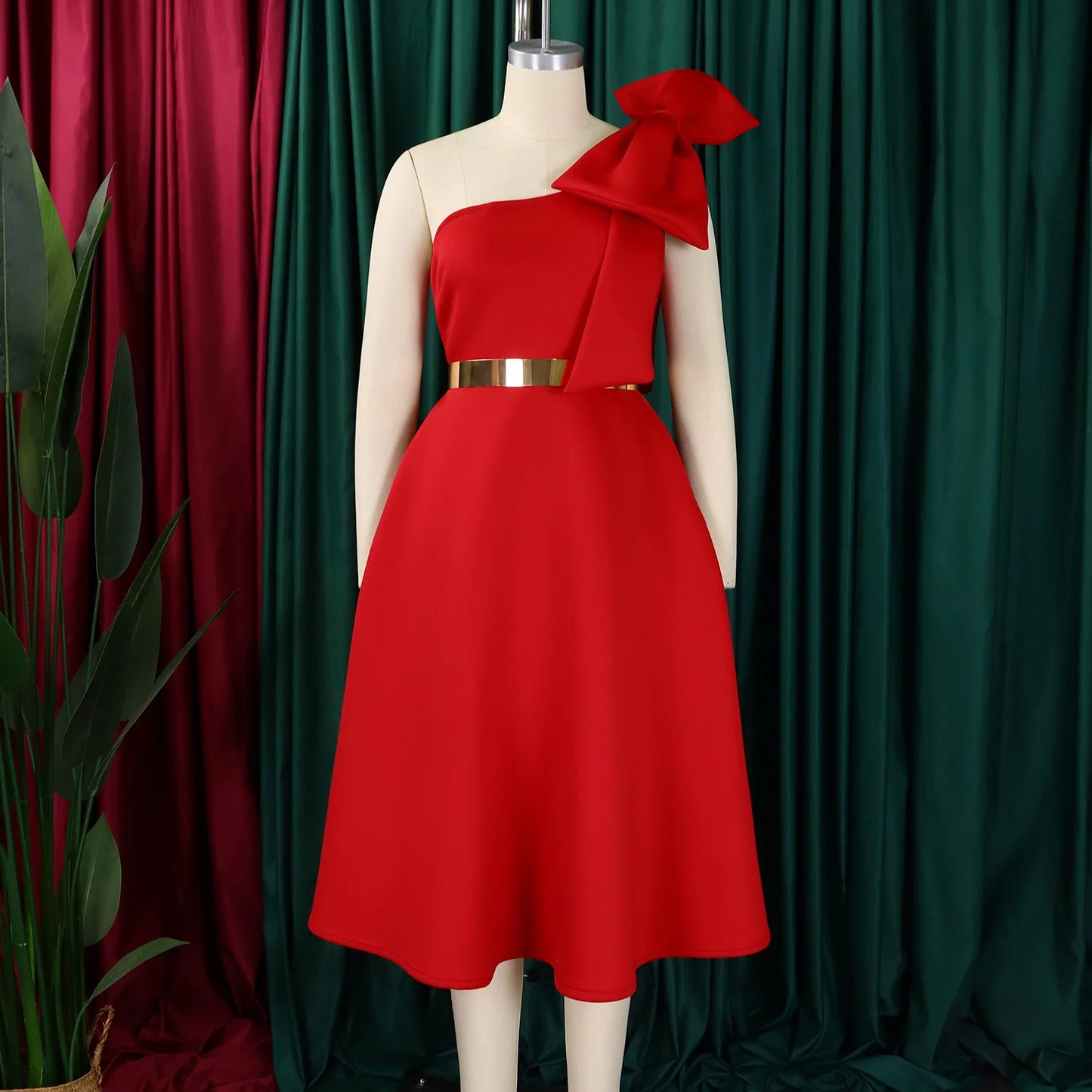 Dress One Shoulder A Line Pleated Knee Length Sleeveless Bow Belt Elegant Party Style