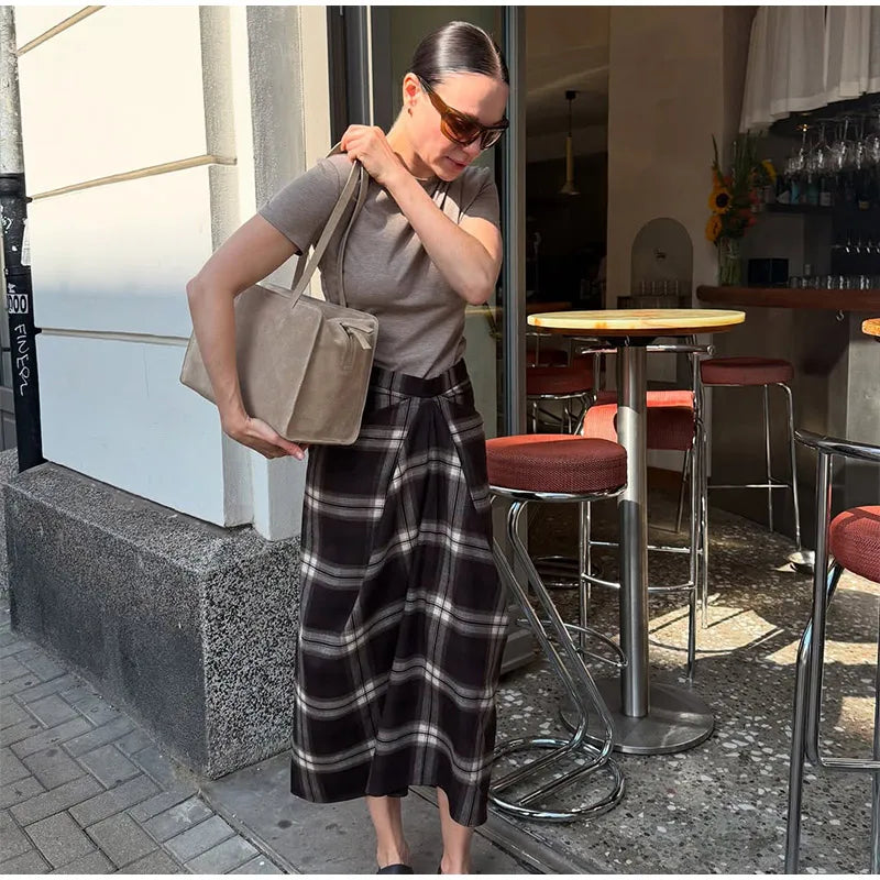 Women Checked Midi Skirt Fashion Casual Pleated Irregular High Waist Slim Mid-length Bottom Lady Daily New Commute Street Skirts