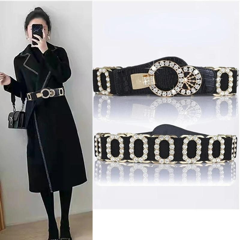 Crystal Rhinestone Wide Elastic Waist Belt for Women