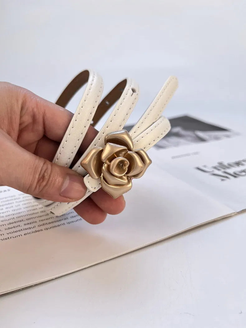 Double Sided Metal Flower Buckle Thin Belt for Women