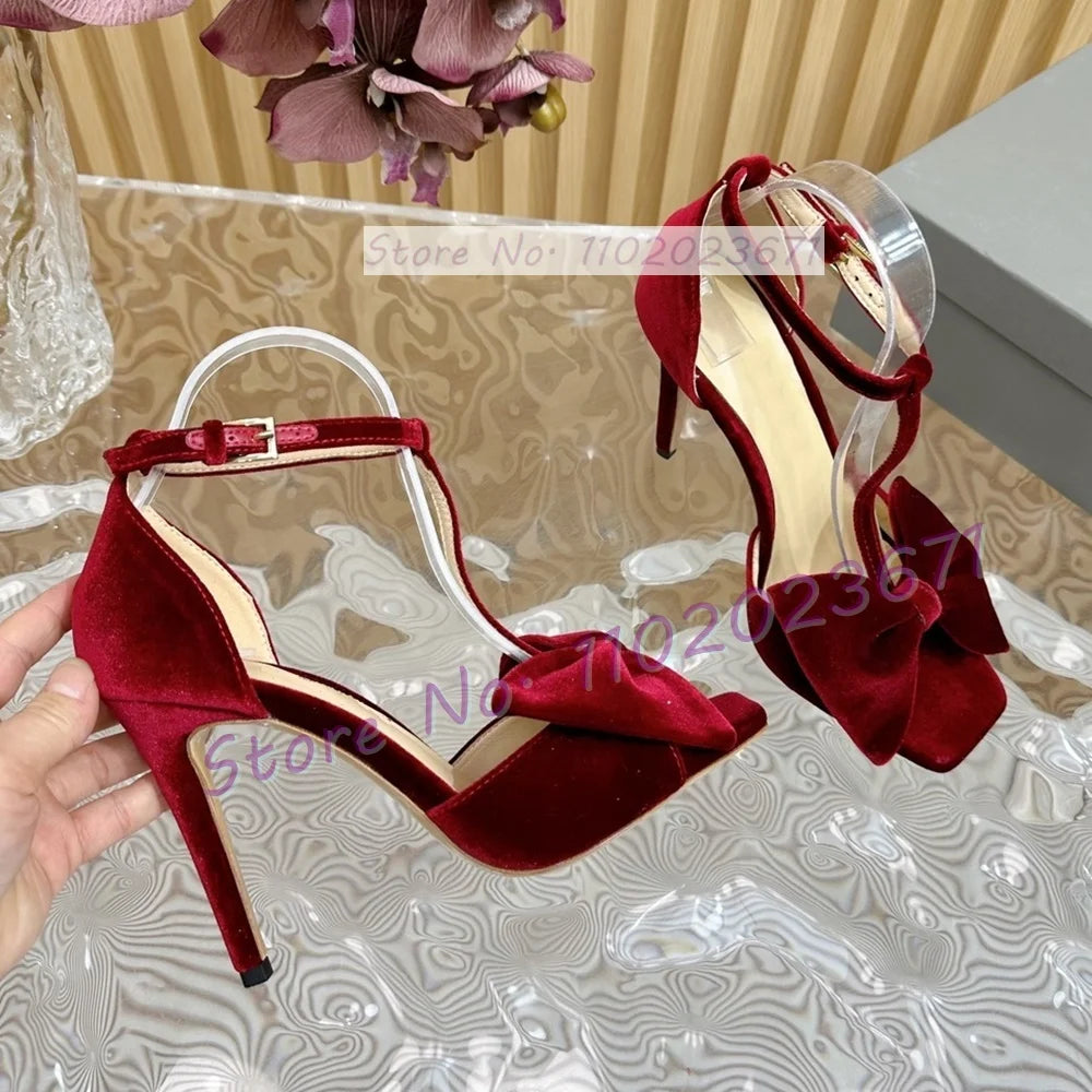 Bow-embellished Velvet Sandals Women's Luxury T Strap Square Toe High Heels Sandals Newest Luxury Party Trendy Cover Heel Shoes