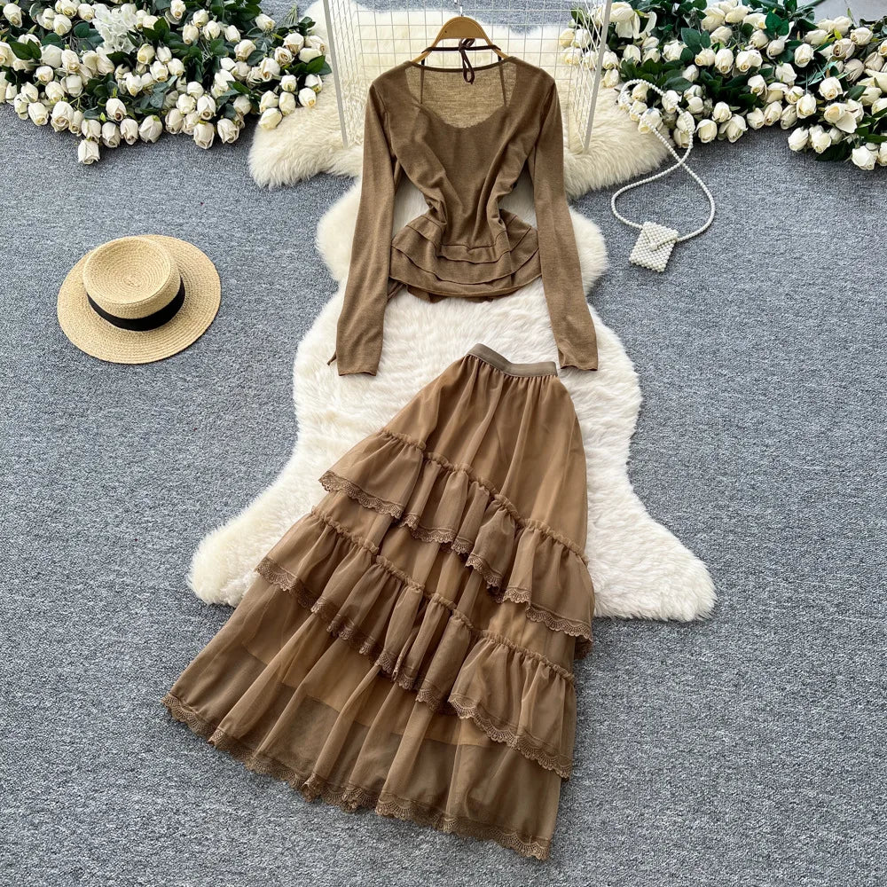 Elegant Mesh Ruffle Hem Halter Neck Dress Set for Women