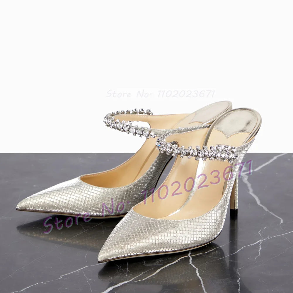 Metallic Silver Rhinestone Arch Strap High Heel Mules for Women