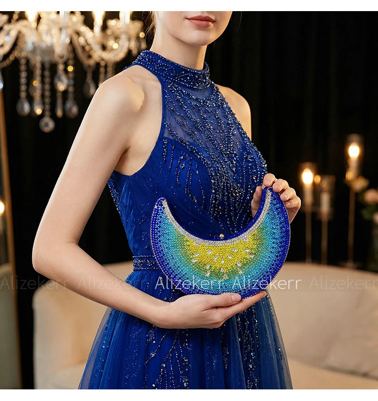 Moon Shaped Diamond Evening Bag with Watermelon Rhinestones for Women