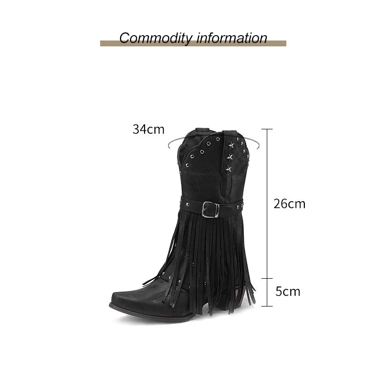 Western Fringed Riveted Block Heel Knee Boots for Women