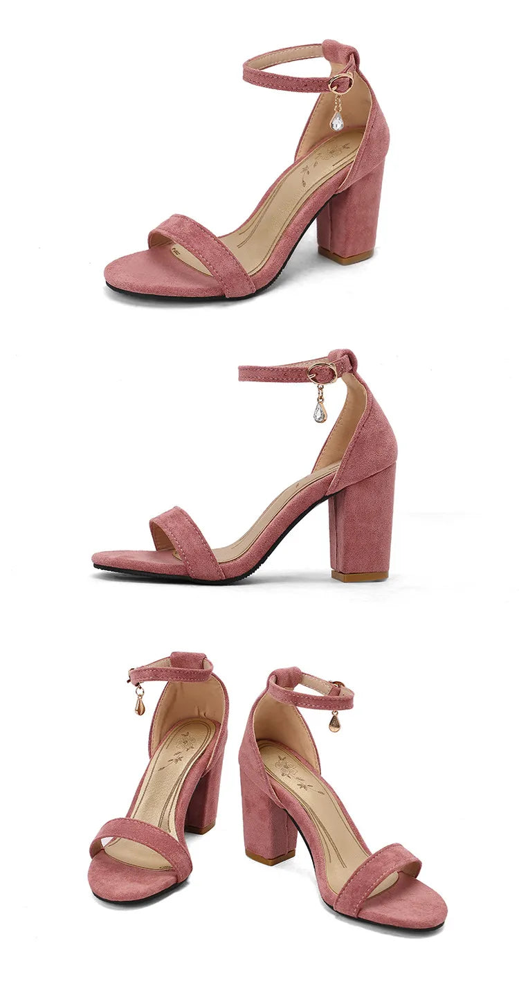 Beige Suede Rhinestone Block Heel Sandals