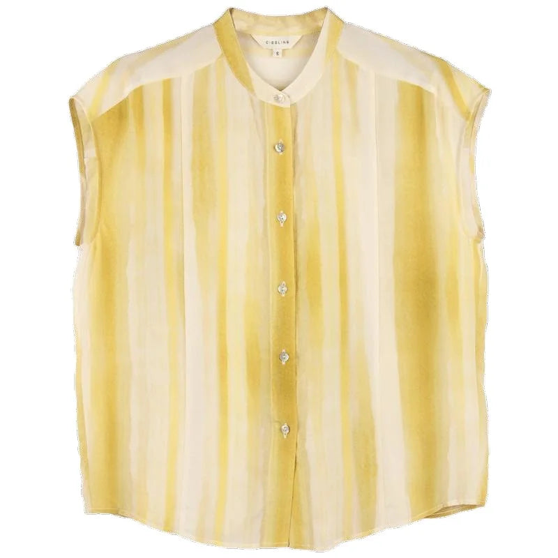 Women's Shirt and Blouse Chiffon Yellow Sleeveless Striped Female Tops Loose Summer Button Up Y2k Fashion Sale of Pretty Xl M