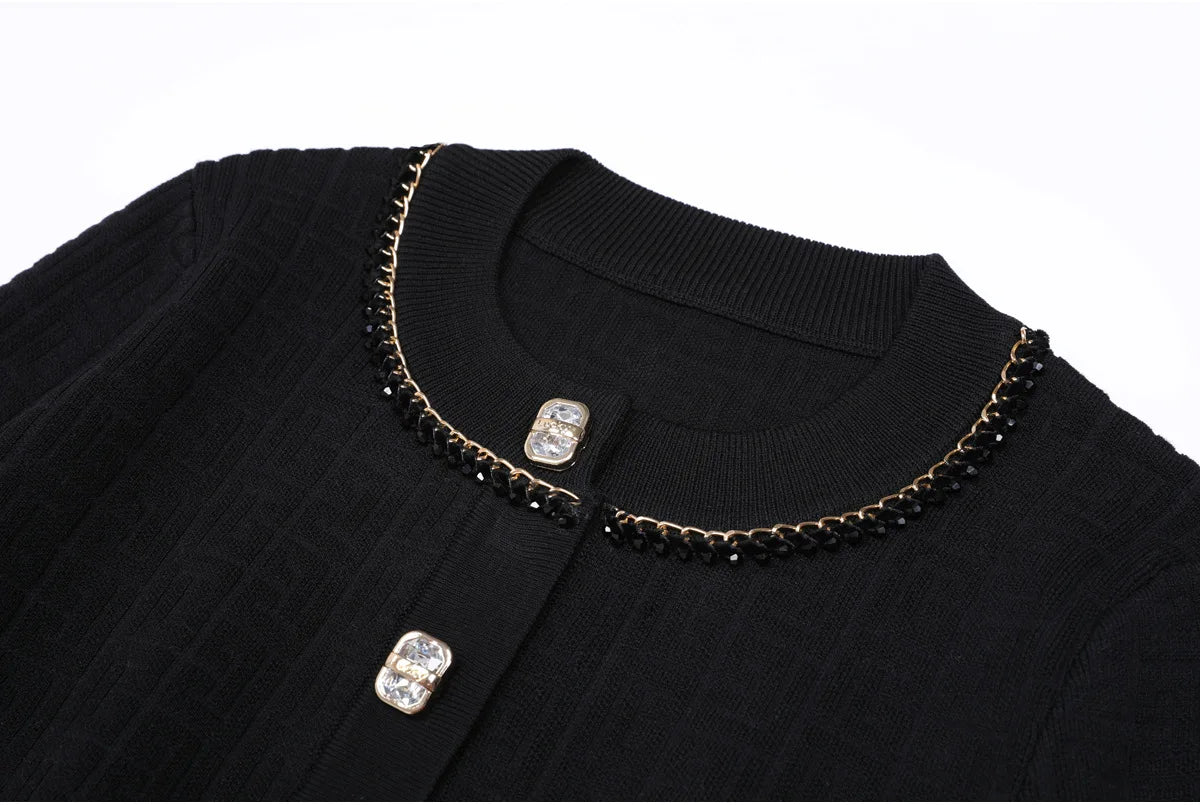 High-End Fashion Knitted Dress Set Autumn New Long Sleeve Single-Breasted Cardigan Coat Suspender Dress Women Two-Piece Set