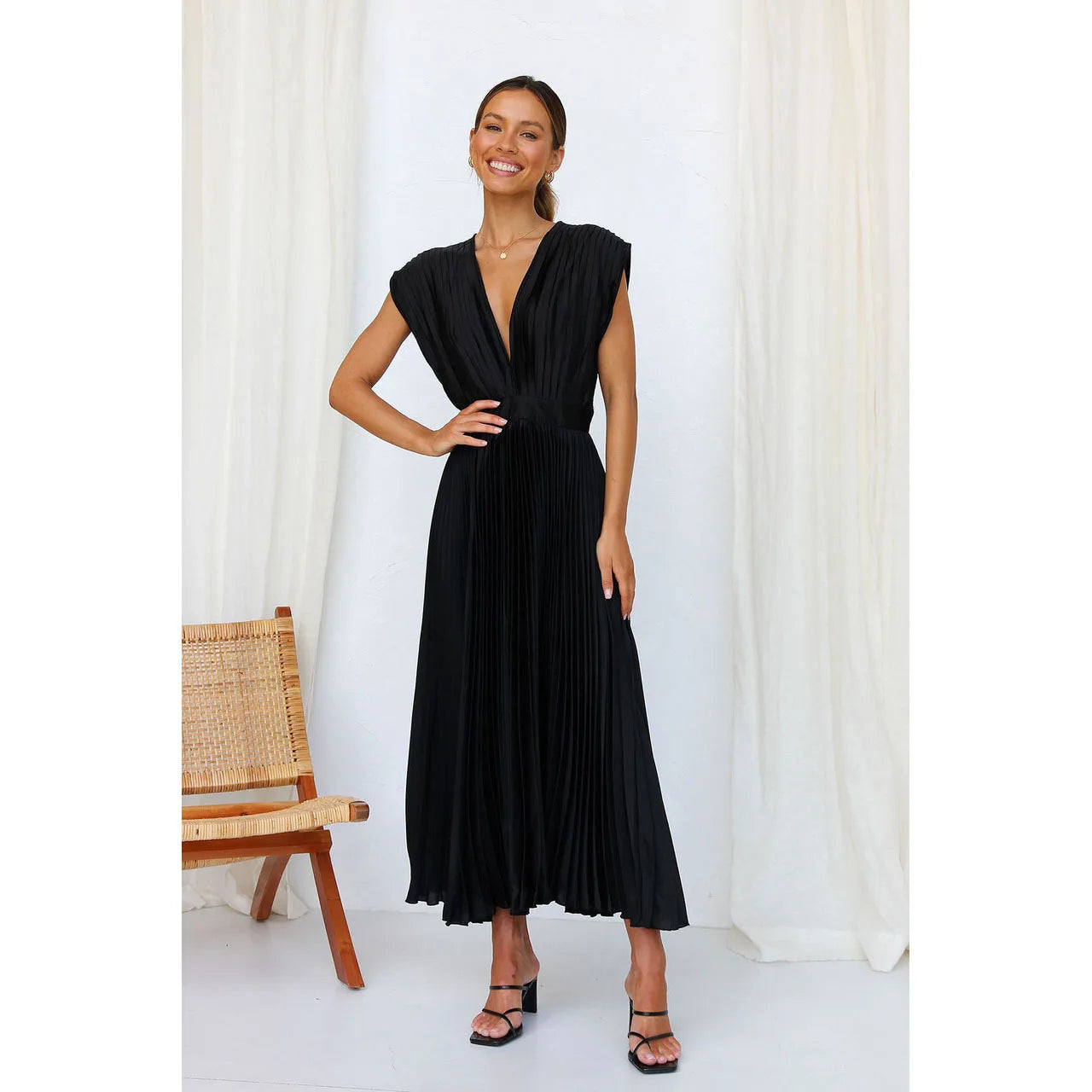 Elegance Draped V-Neck Pleated Skirt Dress 2025 Women Solid Strapless Backless Patchwork Loungewear Simple Maxi Dress