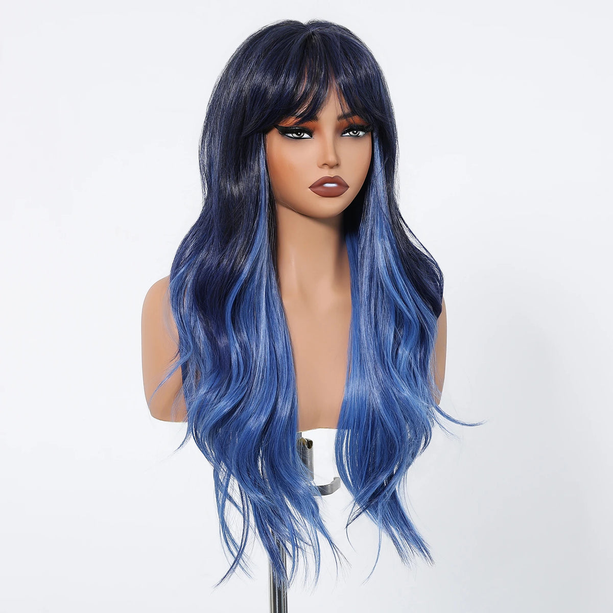 Blue Highlight Long Wavy Synthetic Wig With Bangs for Women