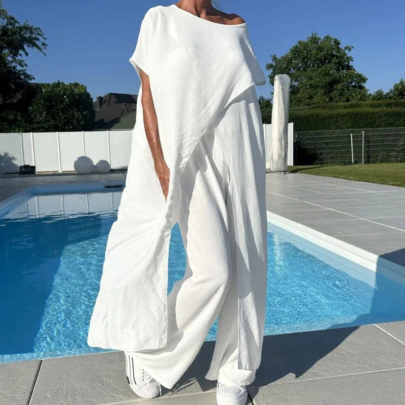 Chic Crew Neck Slit Long Top+High Waist Pant 2 Piece Set Woman Casual Solid Cotton Linen Suits Summer Short Sleeve Loose Outfits