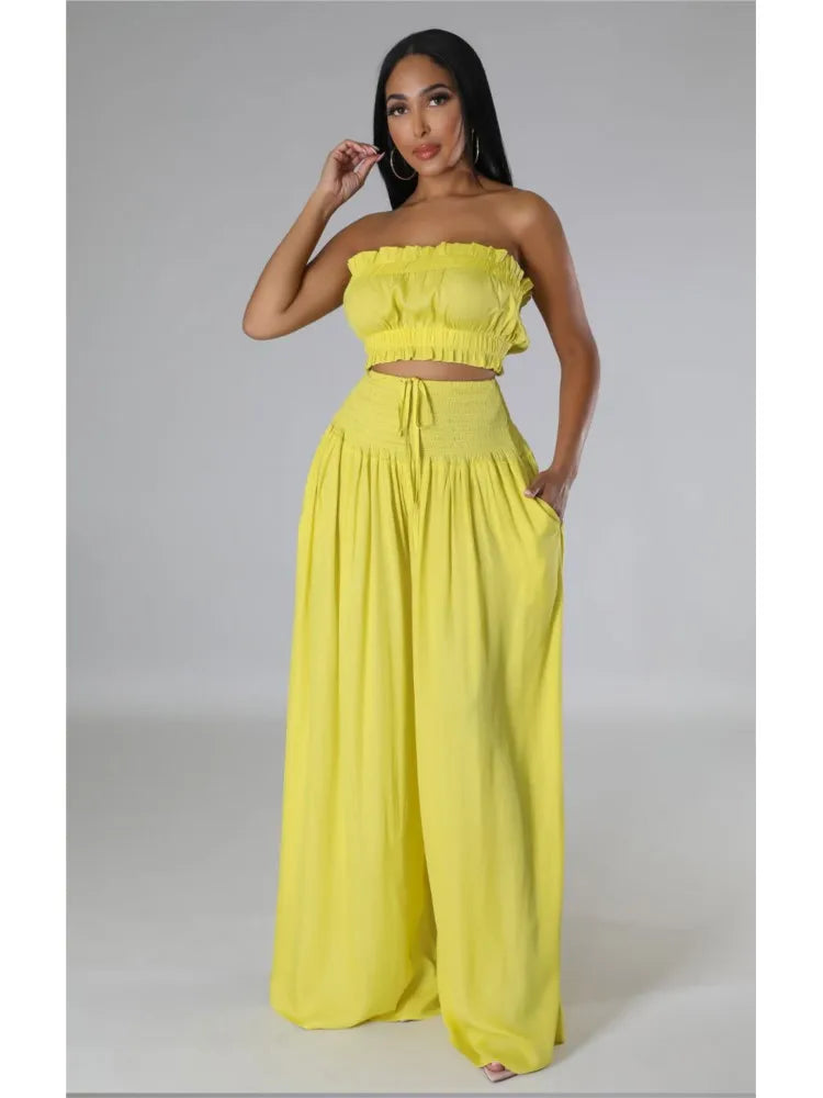 Lace Up Strapless Top Two Piece Pants Set for Women