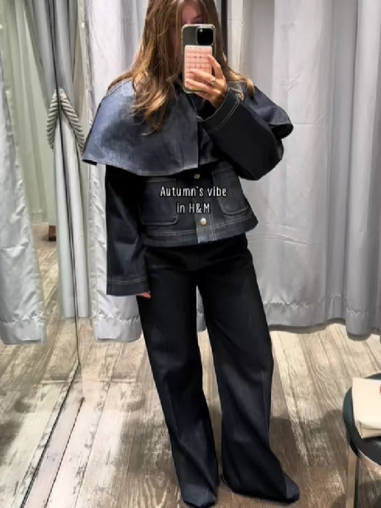 Chic Vintage Cape Denim Jackets For Women Lapel Single Breasted Pocket Jean Coat Pocket Casual Outwear 2025 Autumn Winter Coats