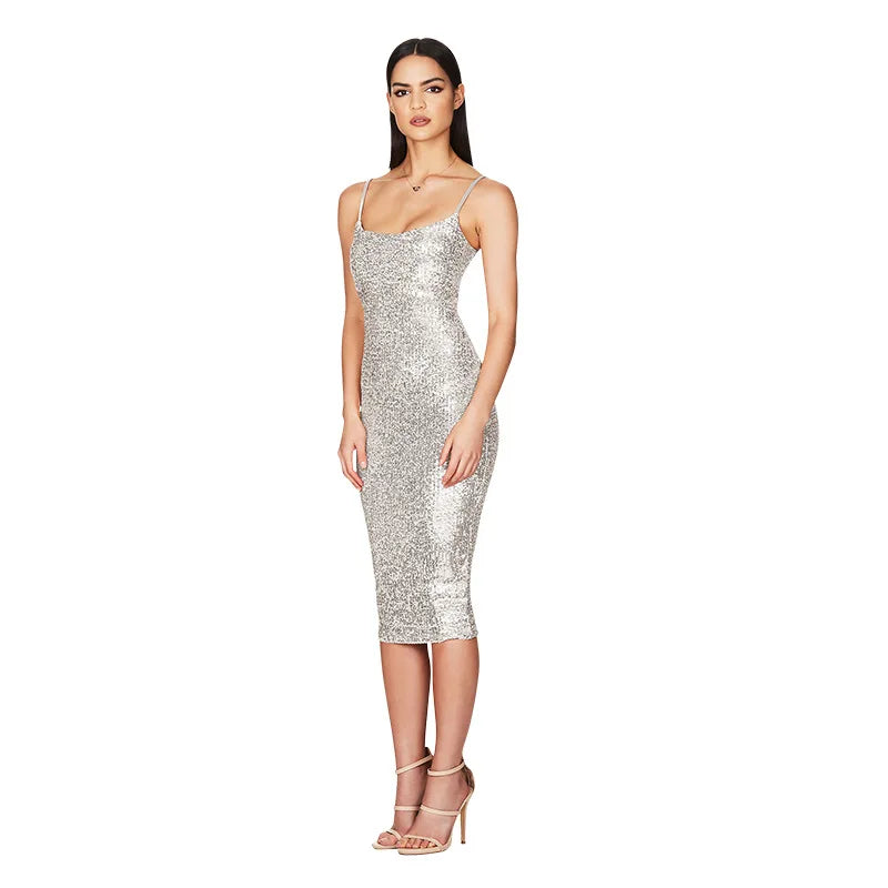 Glitter Sequin Spaghetti Strap Square Neck Bodycon Midi Dress for Women