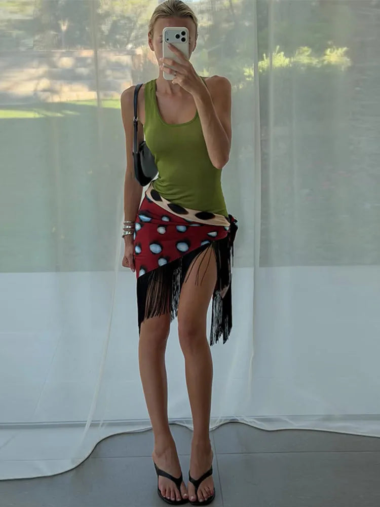 Leopard Patchwork Fringed Double-Sided Mini Skirt for Women