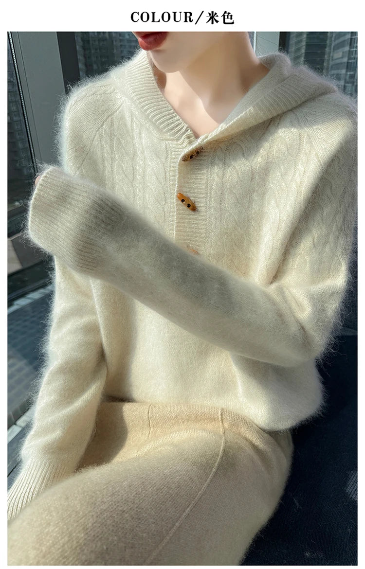 Chunky Knit Loose Hooded Pullover Sweater for Women
