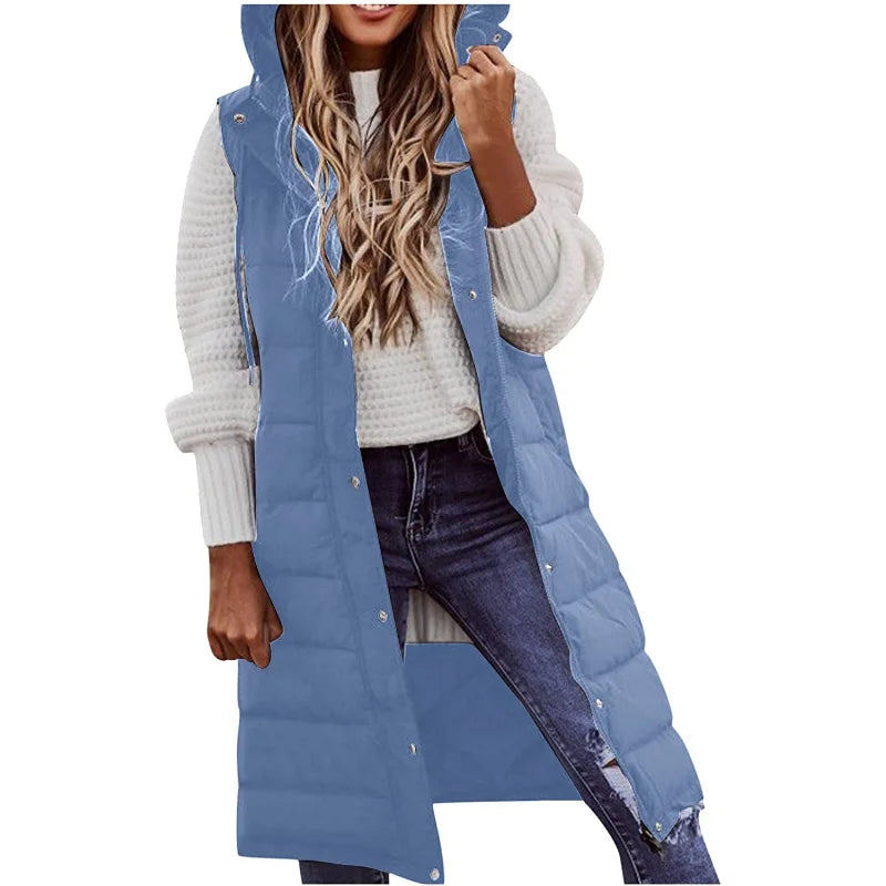 Warm Hooded Longline Sleeveless Vest Coat for Women