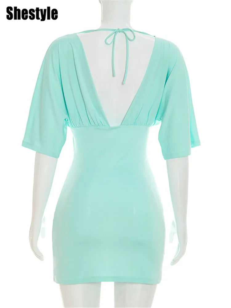 Blue V-Neck Short Sleeve Stretch Mini Dress for Women