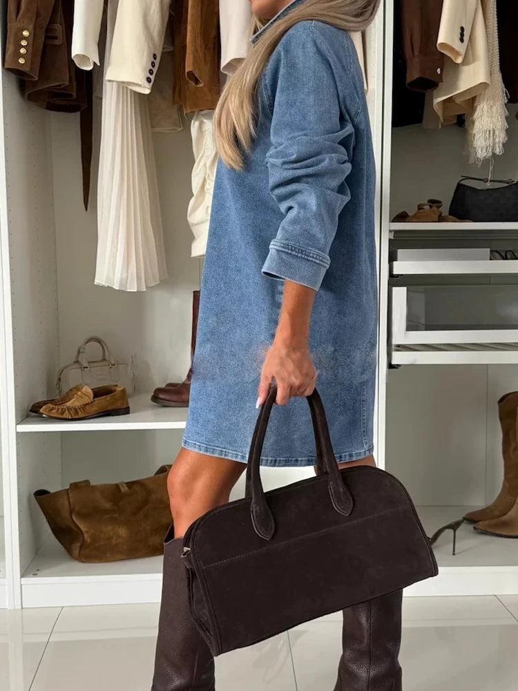 Denim Mini Dress With Turn Down Collar