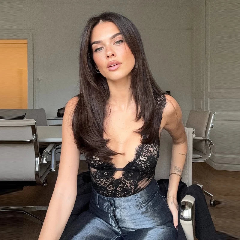 Black Backless Lace V Neck Sleeveless Bodysuit for Women