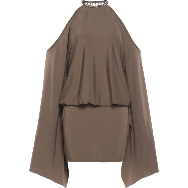 Metal Chain Backless Halter Batwing Collar Dress for Women