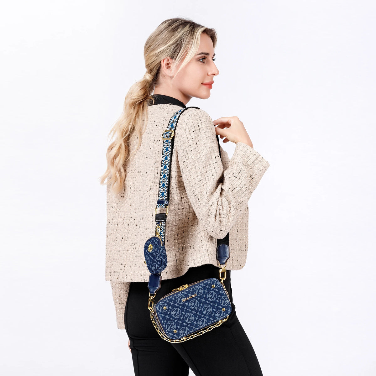 Retro Blue Metal Chain Square Shoulder Bag for Women