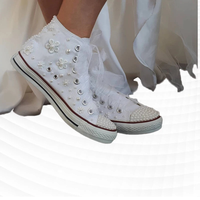 White Pearl Flower Lace-Up Wedding Sneakers for Women