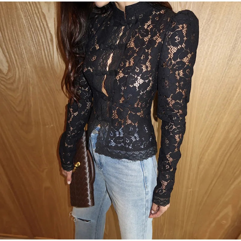 Elegant Embroidered Puff Sleeve Hollow Out Lace Blouse for Women