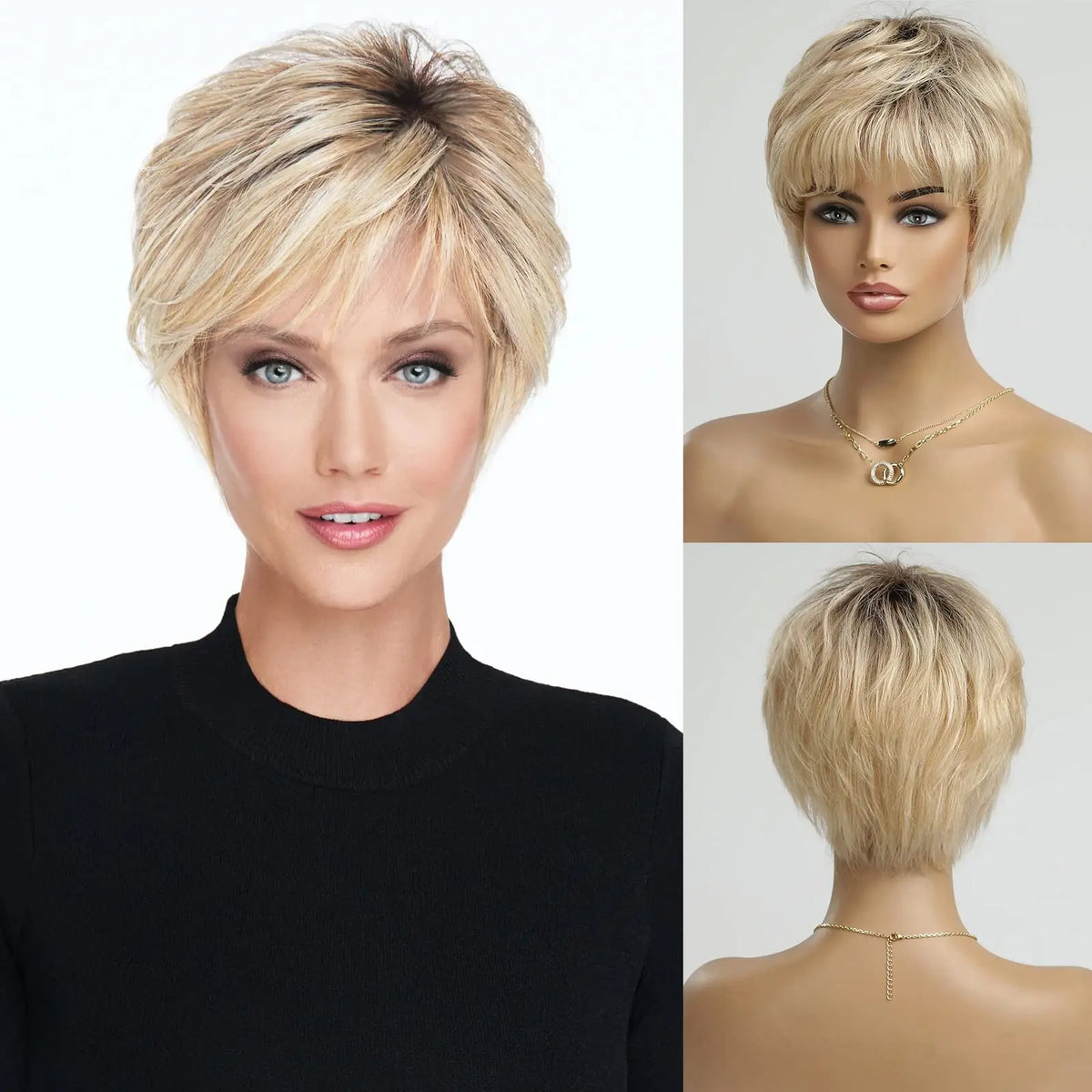 Short Layered Ombre Blonde Pixie Cut Wig With Bangs For Women