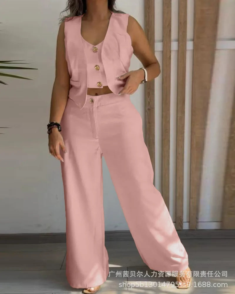 Women New 2 Pieces Outfits Metal Button Decor V Neck Sleeveless Tank Top and Casual Plain Loose Fit Pants Set