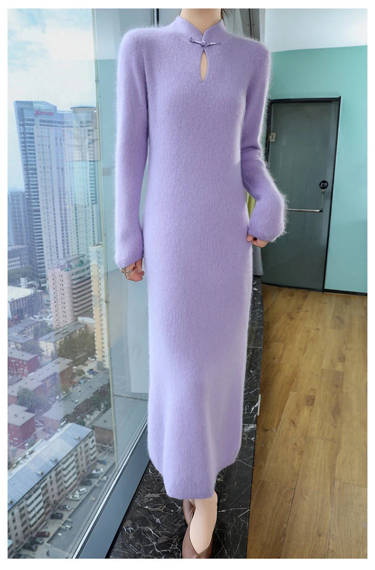 Cashmere Knit Dress with Stand Up Collar and Buckle for Women