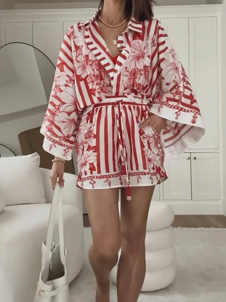 Batwing Sleeve Print Patchwork 2PCS Sets, Women Spring Summer Turn-Down Collar Chic Outfit, New Cardigan Top Shorts Ladies Suits