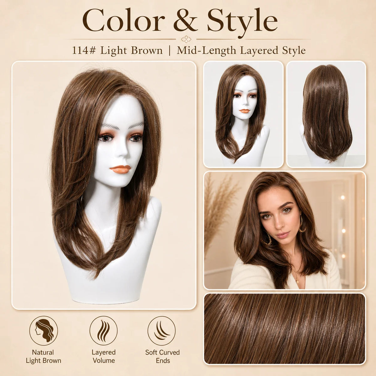 Light Brown Layered Synthetic Mono Top Wig for Women