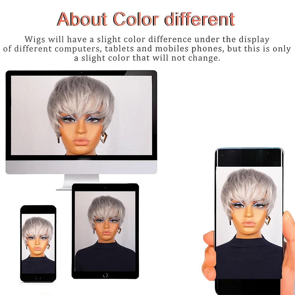 Grey Pixie Cut Human Hair Wig With Bangs For Women