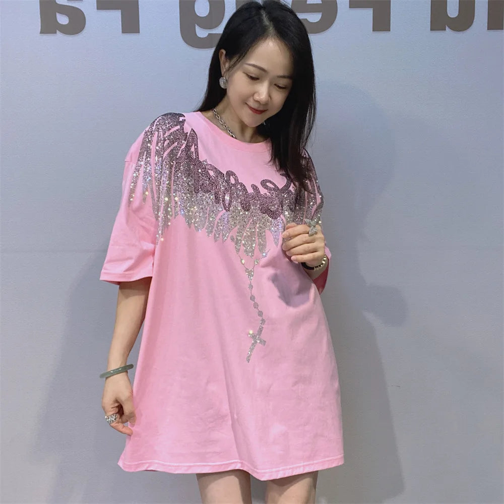Streetwear New Spring Summer Women Short Sleeve T-shirt Hot Diamonds Wings Mid-long Oversize Pullover Trendy Couple Cotton Tees